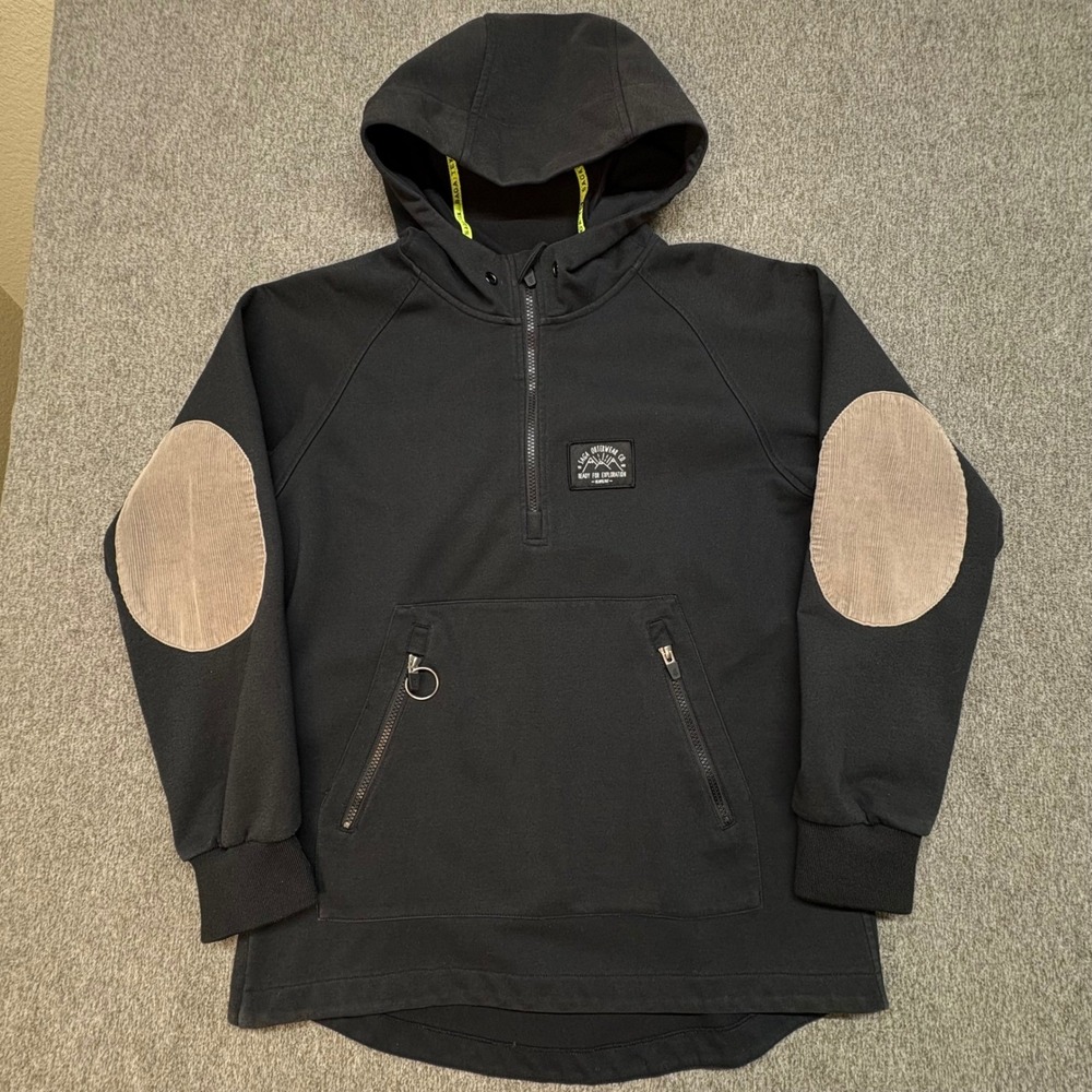 Saga Outerwear Co Black‎ Half Zip Hoodie Corduroy Elbow Patches Men's Size S